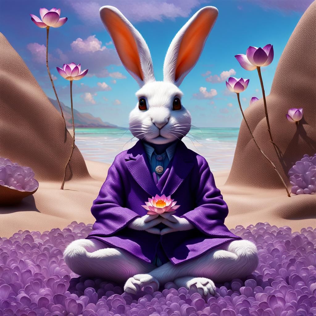 Surreal Yogi Rabbit in Lotus Position Amidst Digital Daliesq...