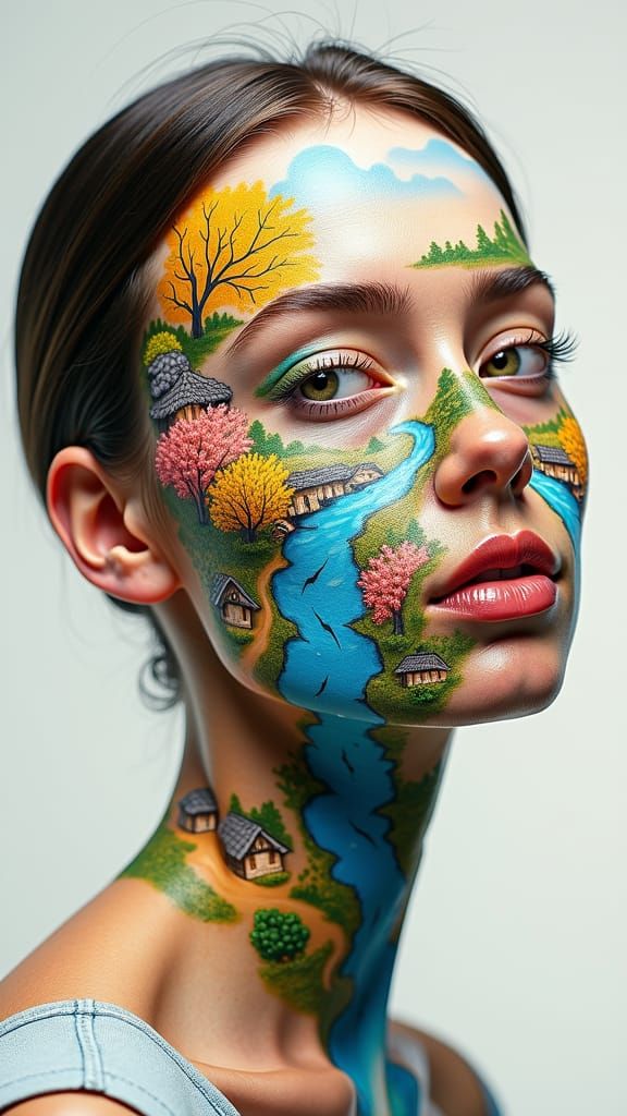 Village Scene on Woman's Face: Splash Art