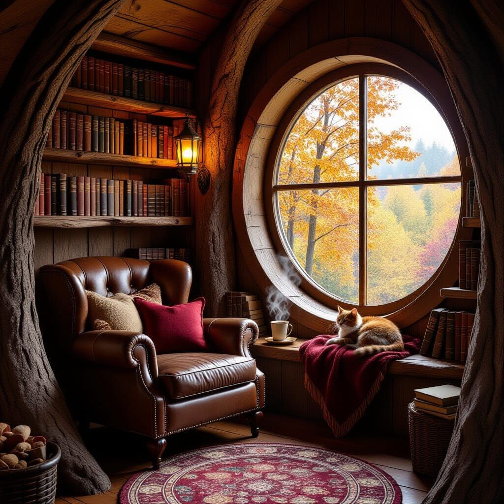 Cozy Reading Nook in Treehouse Inspired by Kinkade