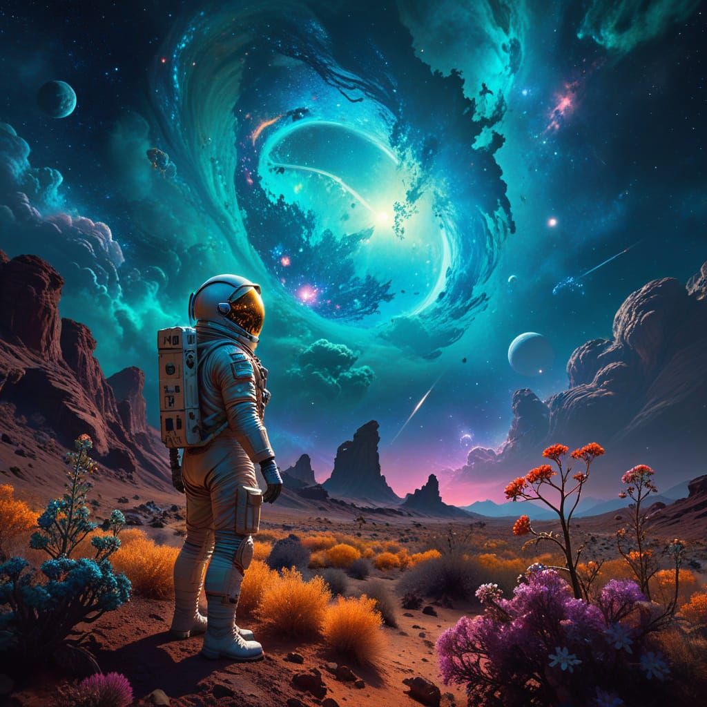 Astronaut on Alien Planet in Art Nouveau Style