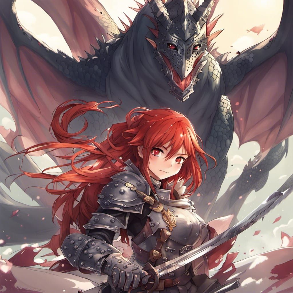 Anime Knight Girl with Dragon and Sword