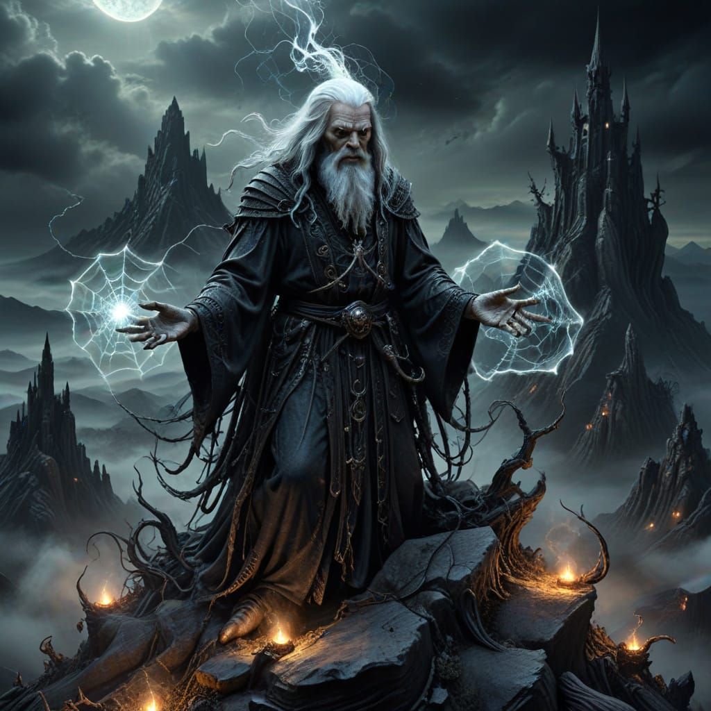 Dark Fantasy Wizard Conjuring Energy on Mountain Peak