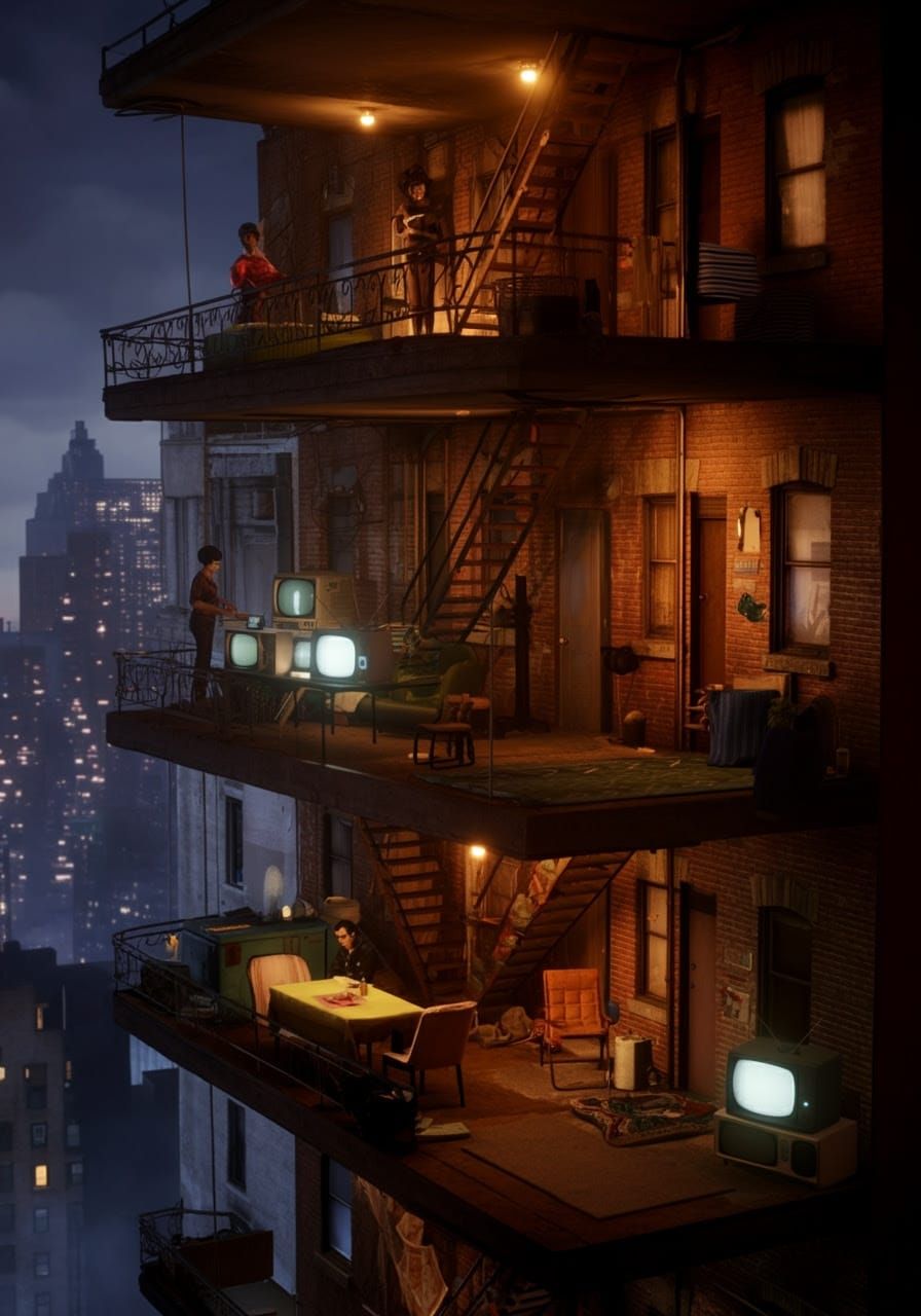 Vibrant 1960s NYC Apartment Building at Dusk in Art Nouveau ...