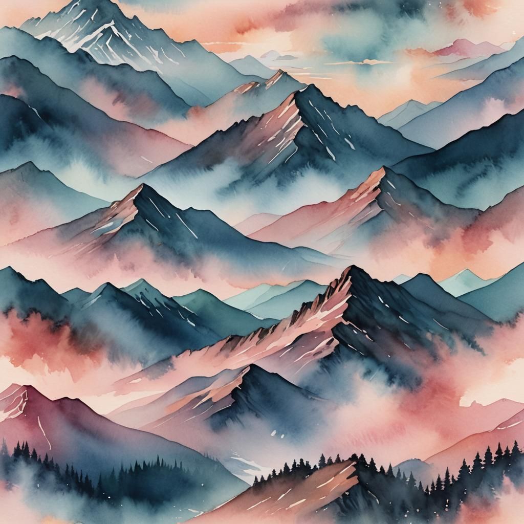 Dreamy Pink Mountain Range in Watercolor Style