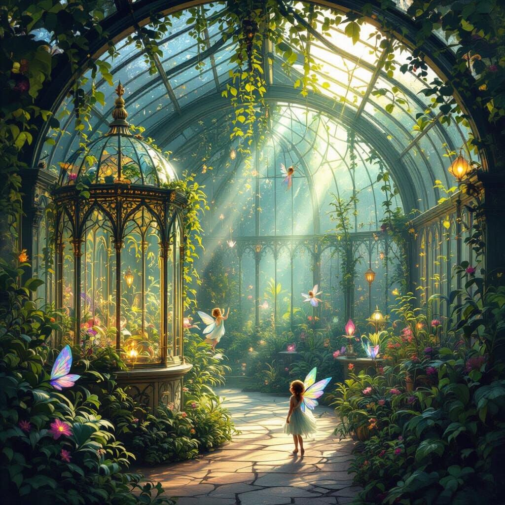 Magical Greenhouse with Fae in Moonlight