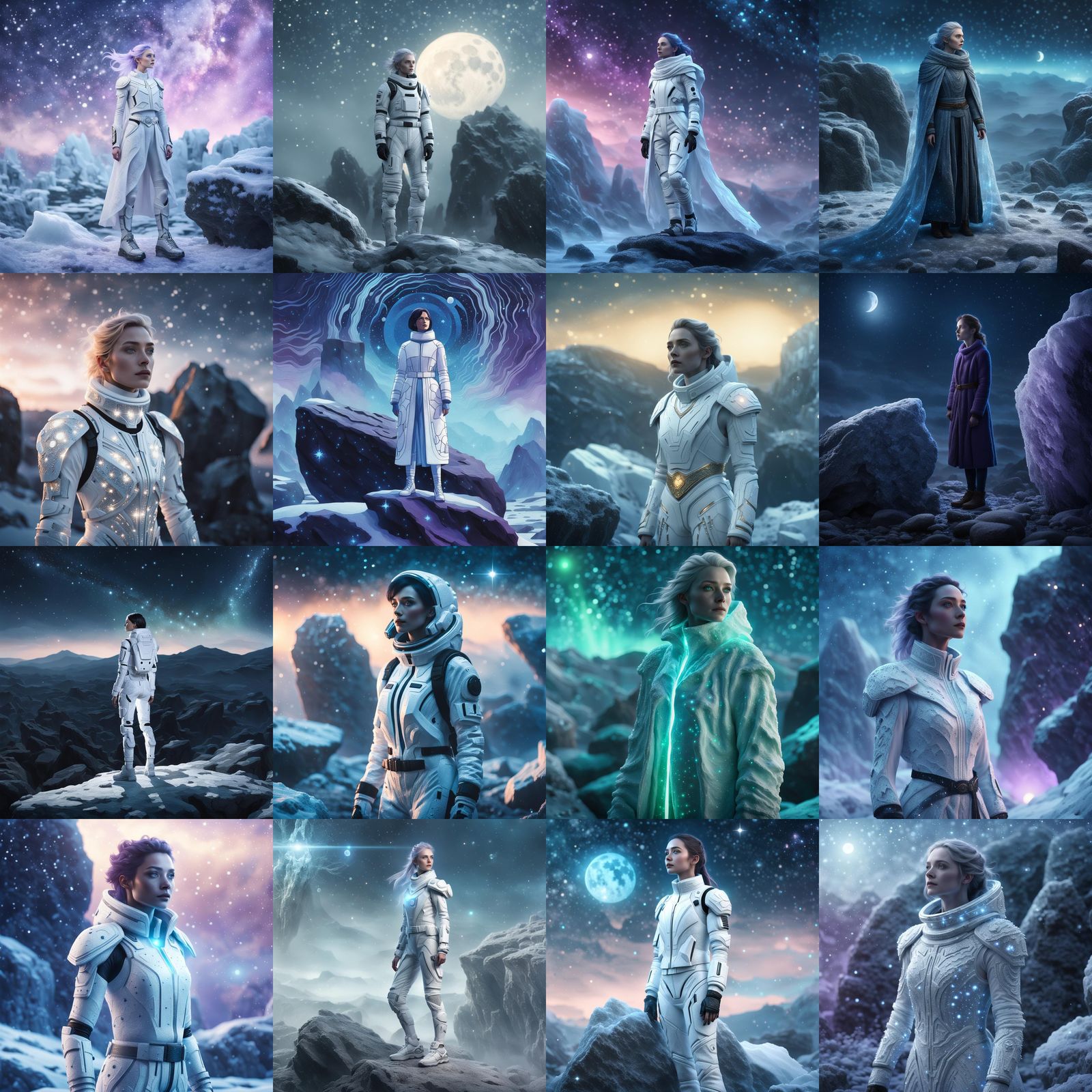 Photorealistic Woman in Sci-Fi Outfit on Frosty Rock