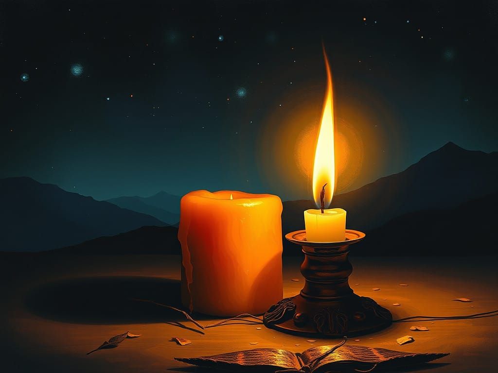 Mystical Nighttime Scene with a Flickering Candle
