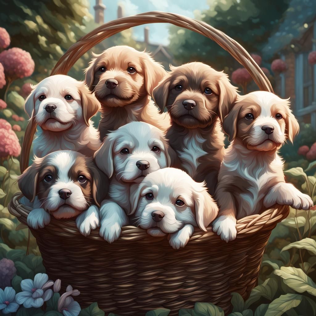 Basket of Puppies in Garden: Hyperdetailed Portrait