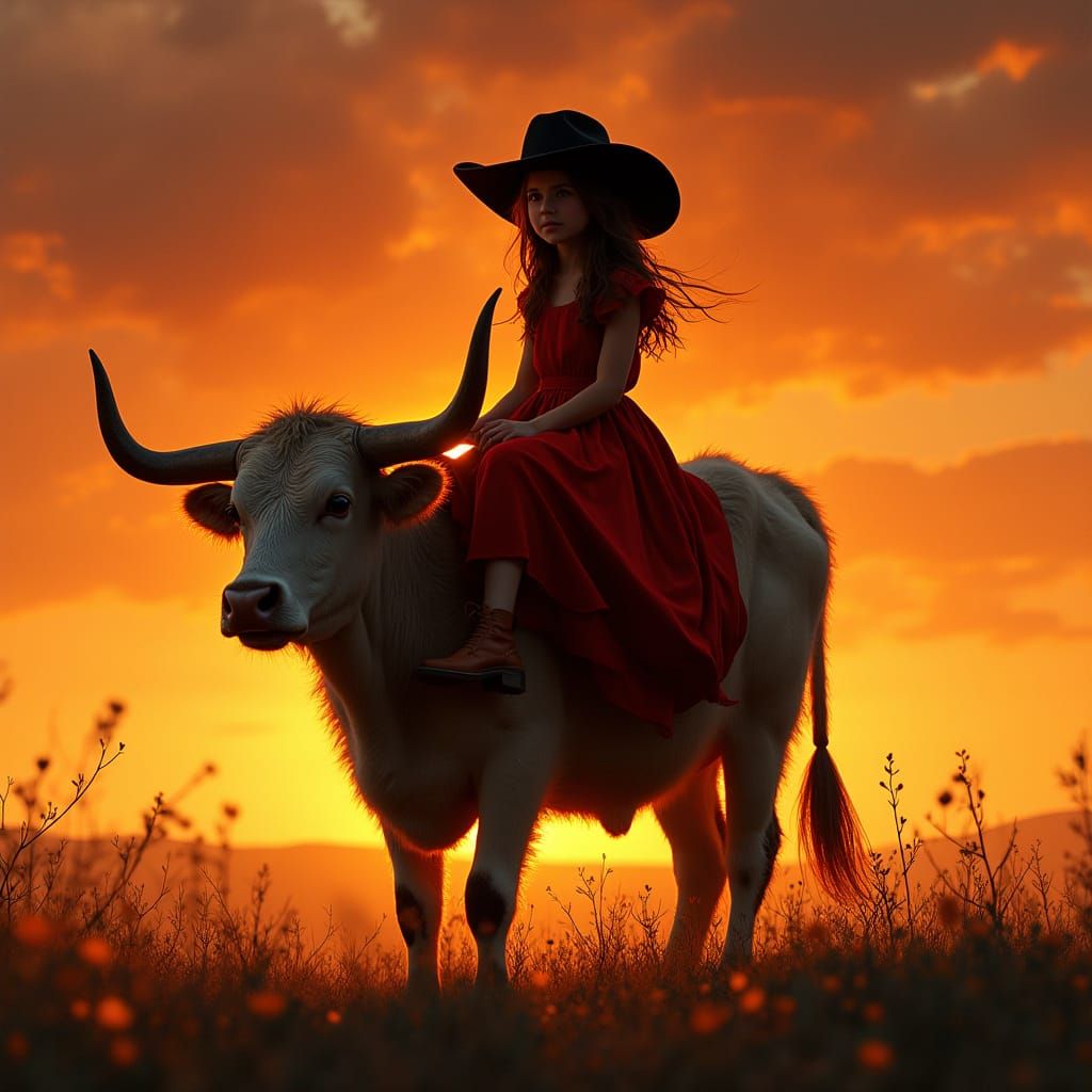 Girl on Longhorn Cow at Sunset, Landscape Art