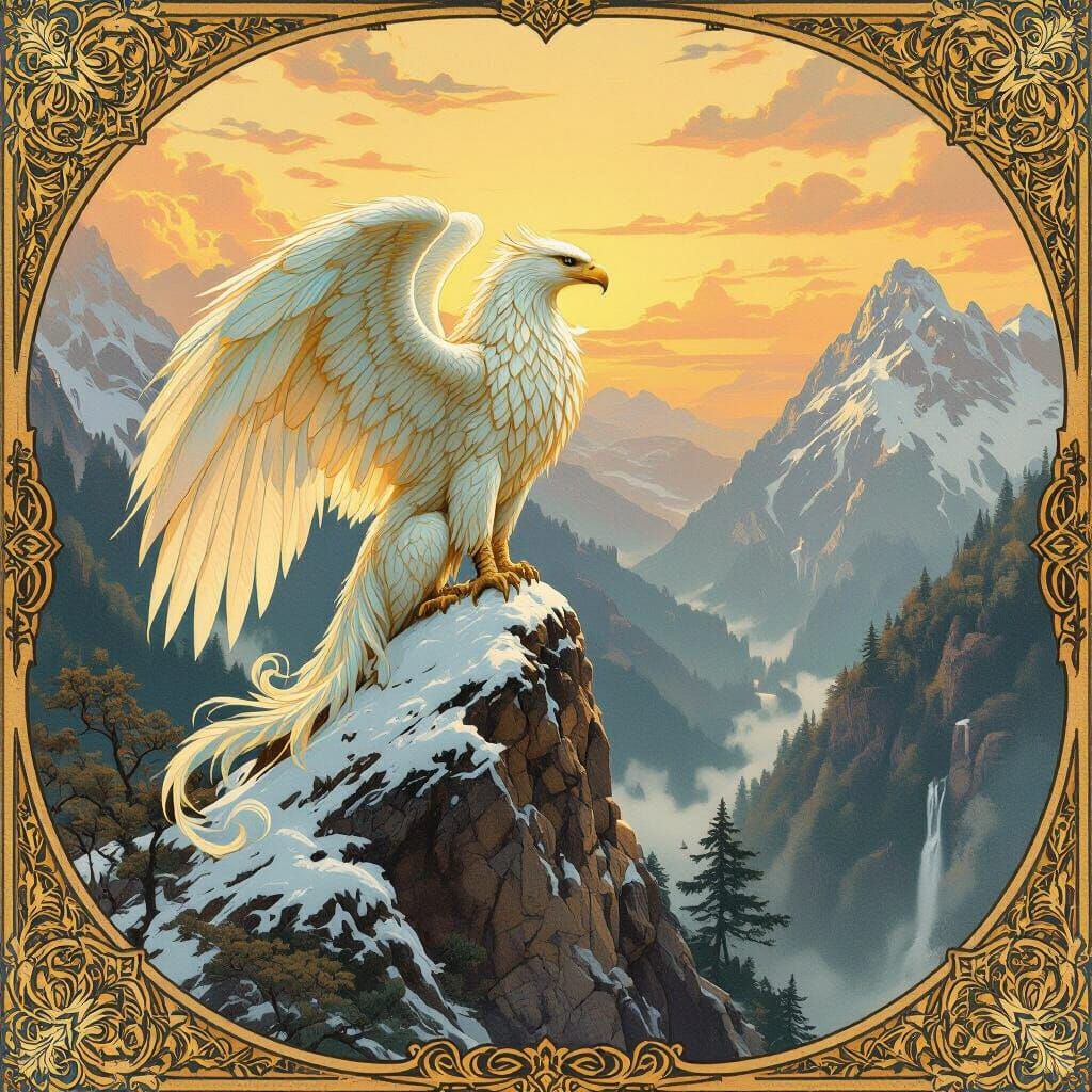 Iridescent Griffin Overlooking Mystical Forest