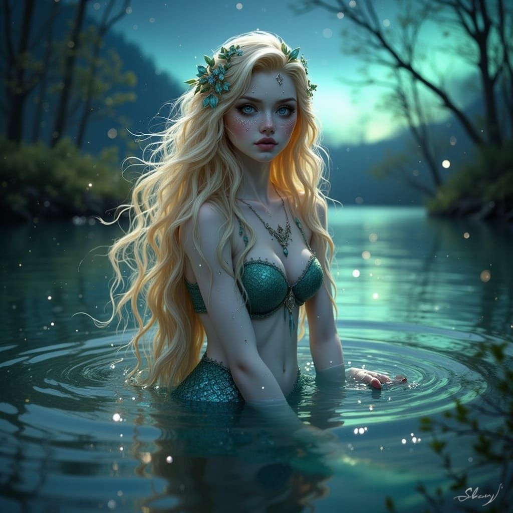 Blonde Mermaid in Ethereal Lake Aurora
