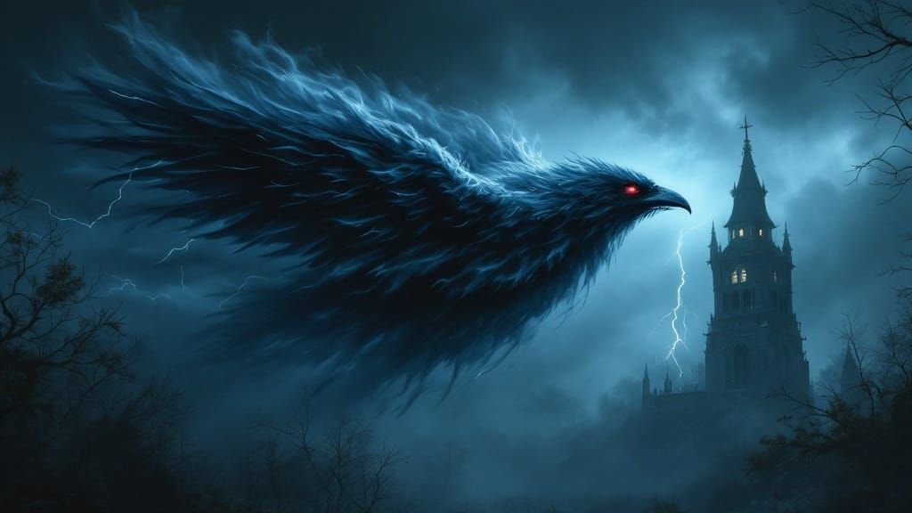 Mystical Raven Soars Through Dark Skies at Night