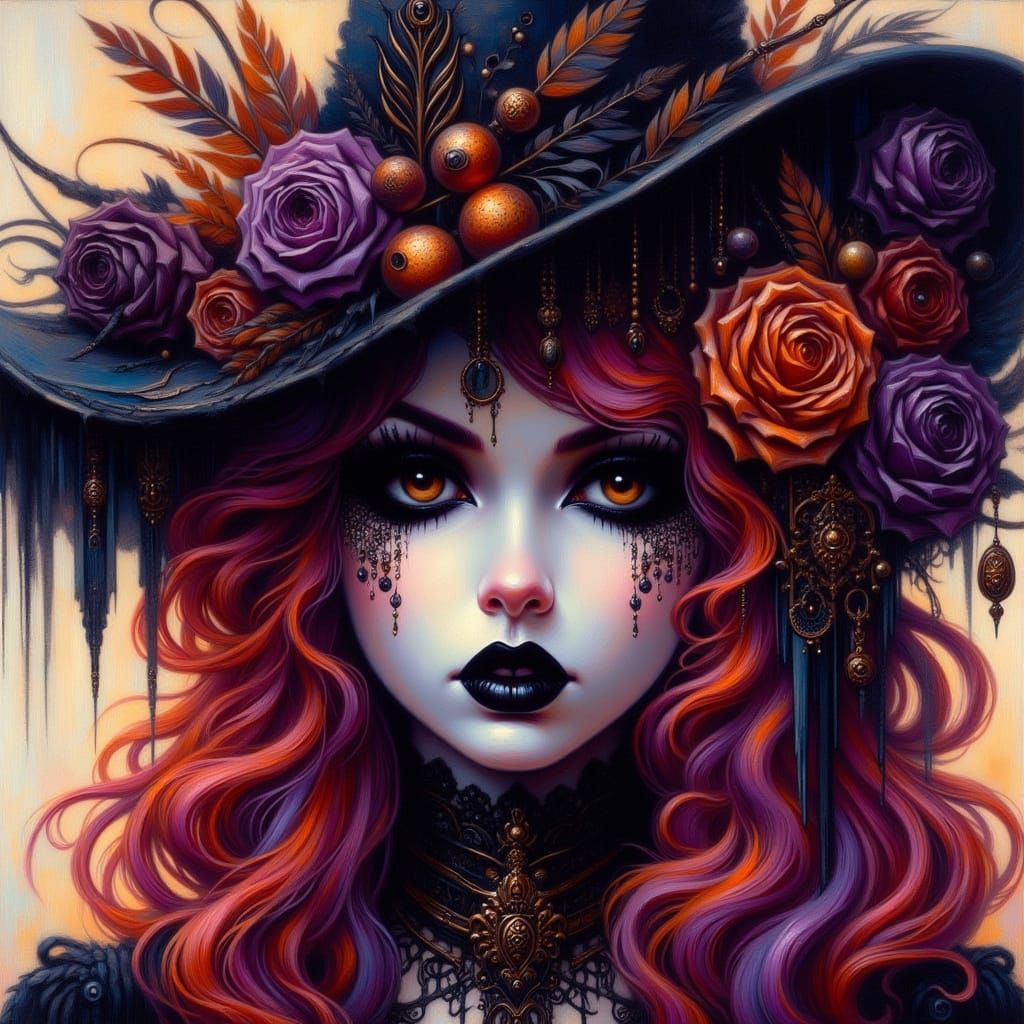 Goth Witch Portrait with Red Purple Hair