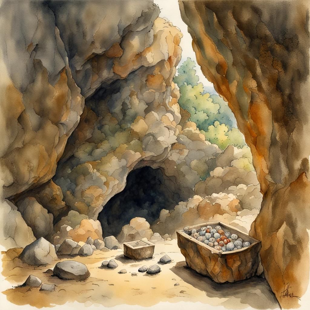 Treasure Chest in Cave: Steampunk Watercolor Painting