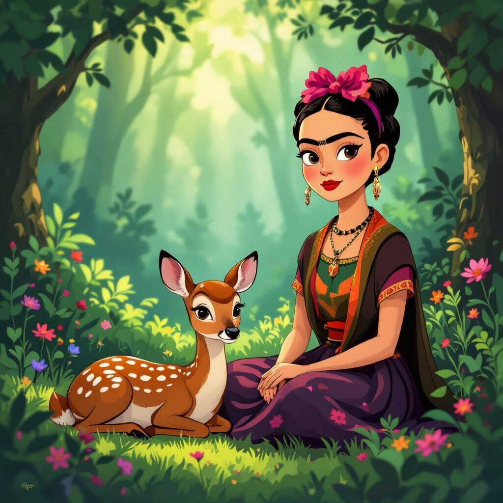 Frida Kahlo and Deer in Enchanted Forest Animation