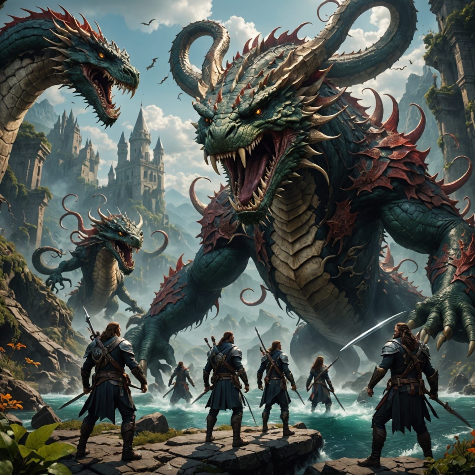 Fantasy Adventurers Confront Hydra in Epic Matte Painting