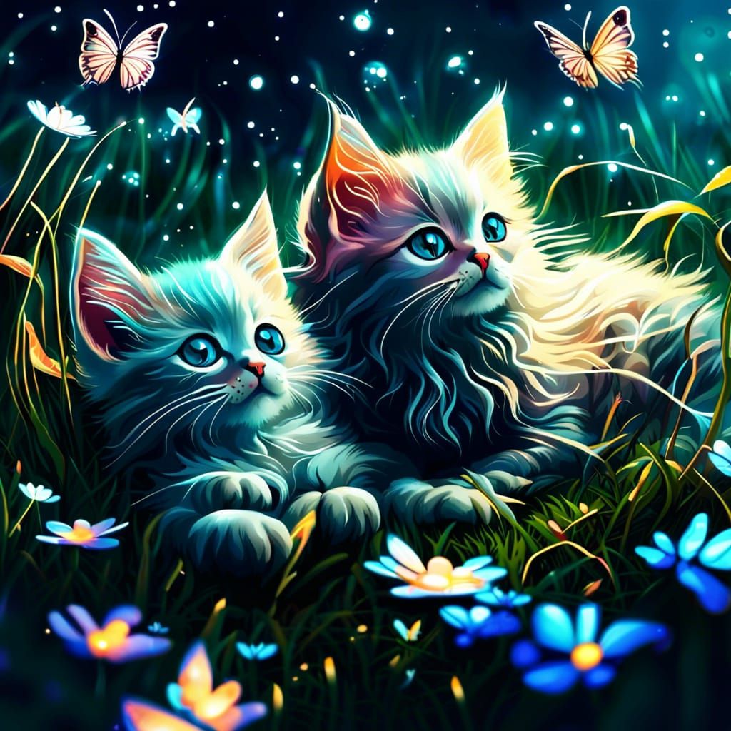 Kittens in Moonlight with Fairies, Digital Art
