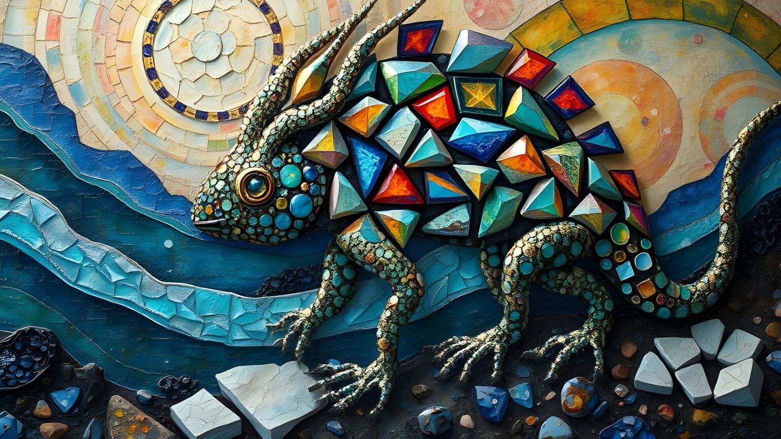 Mythical Creature Mosaic in Iridescent Tiles and Glass