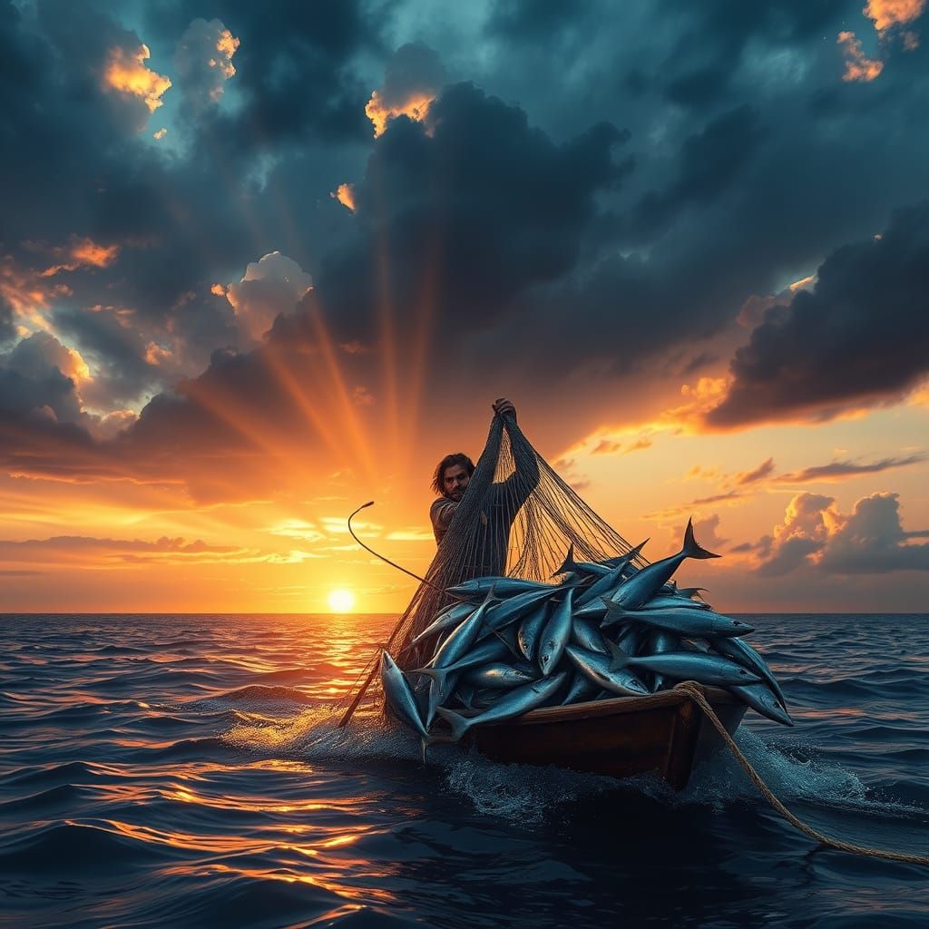 Jesus and Fisherman's Miraculous Catch on Shimmering Sea