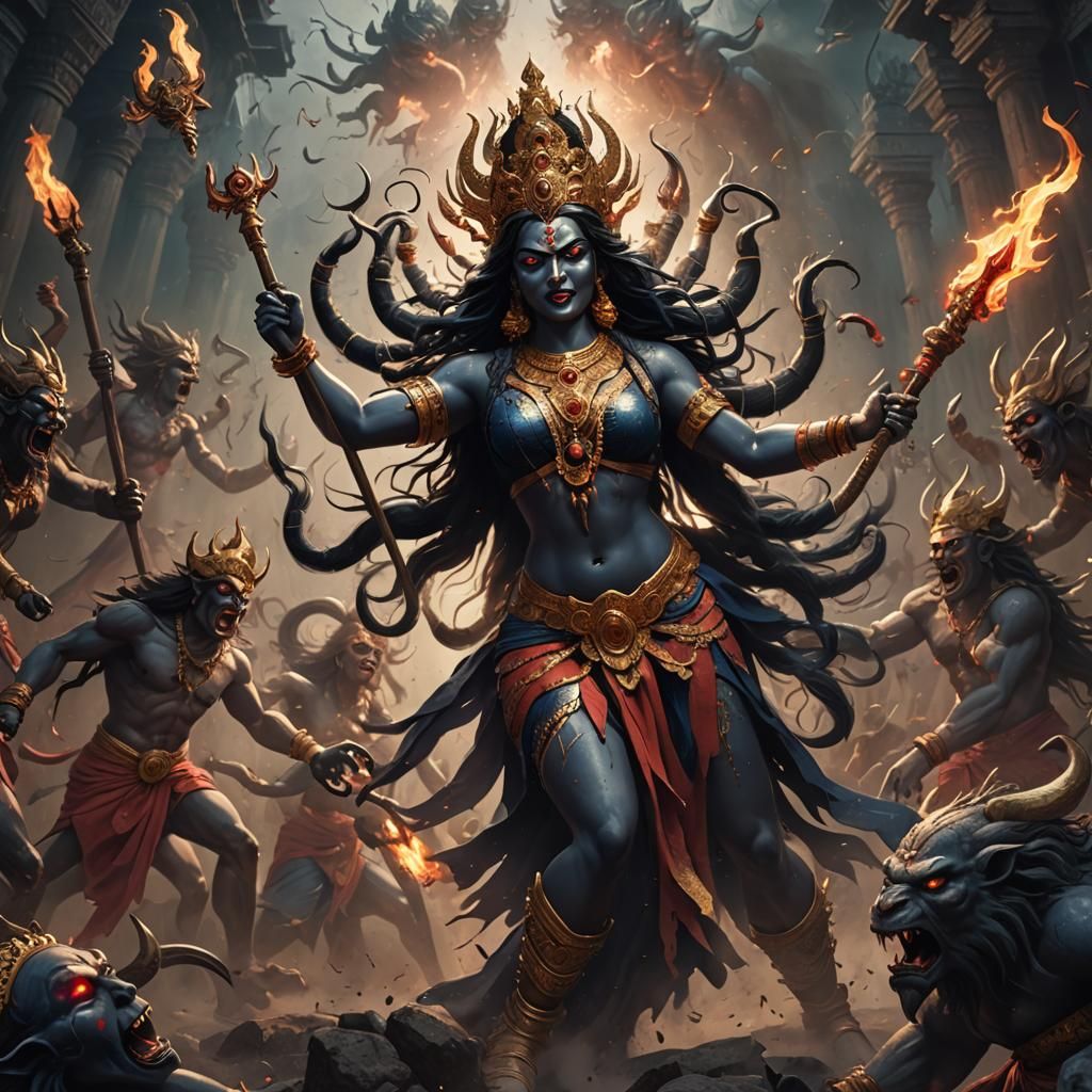 Maa Kali Battles Demons in Detailed Digital Painting
