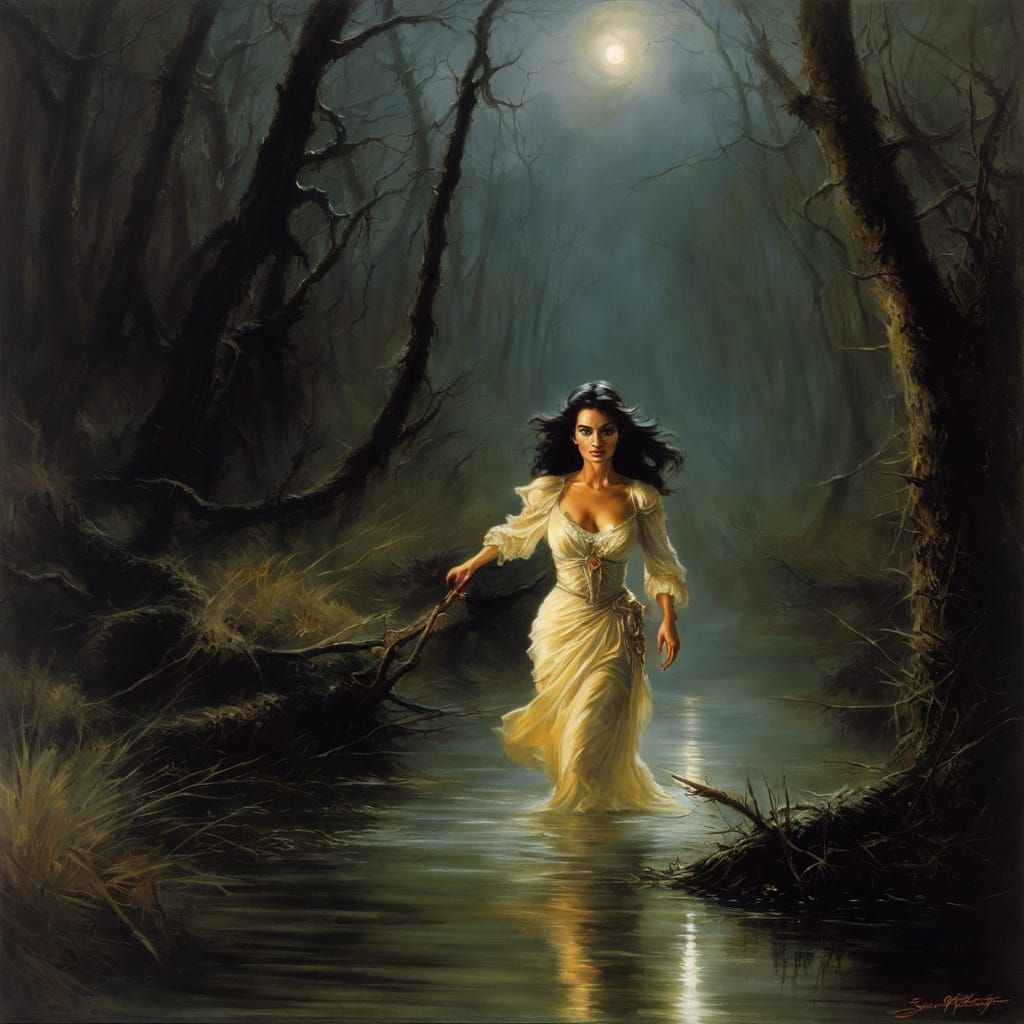 Cajun Woman Fleeing Through Spooky Swamp: Oil Painting