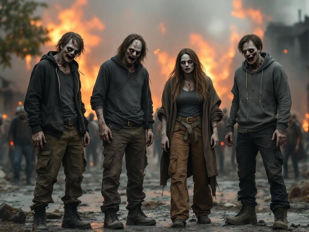 Decayed Zombies Holding Blahaj in Burning City