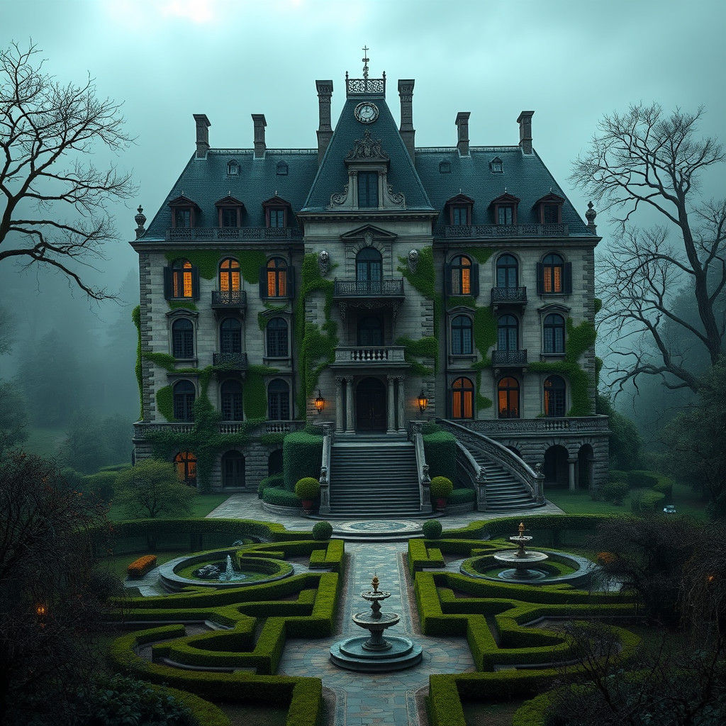Grand Dark French Chateau in Misty Landscape