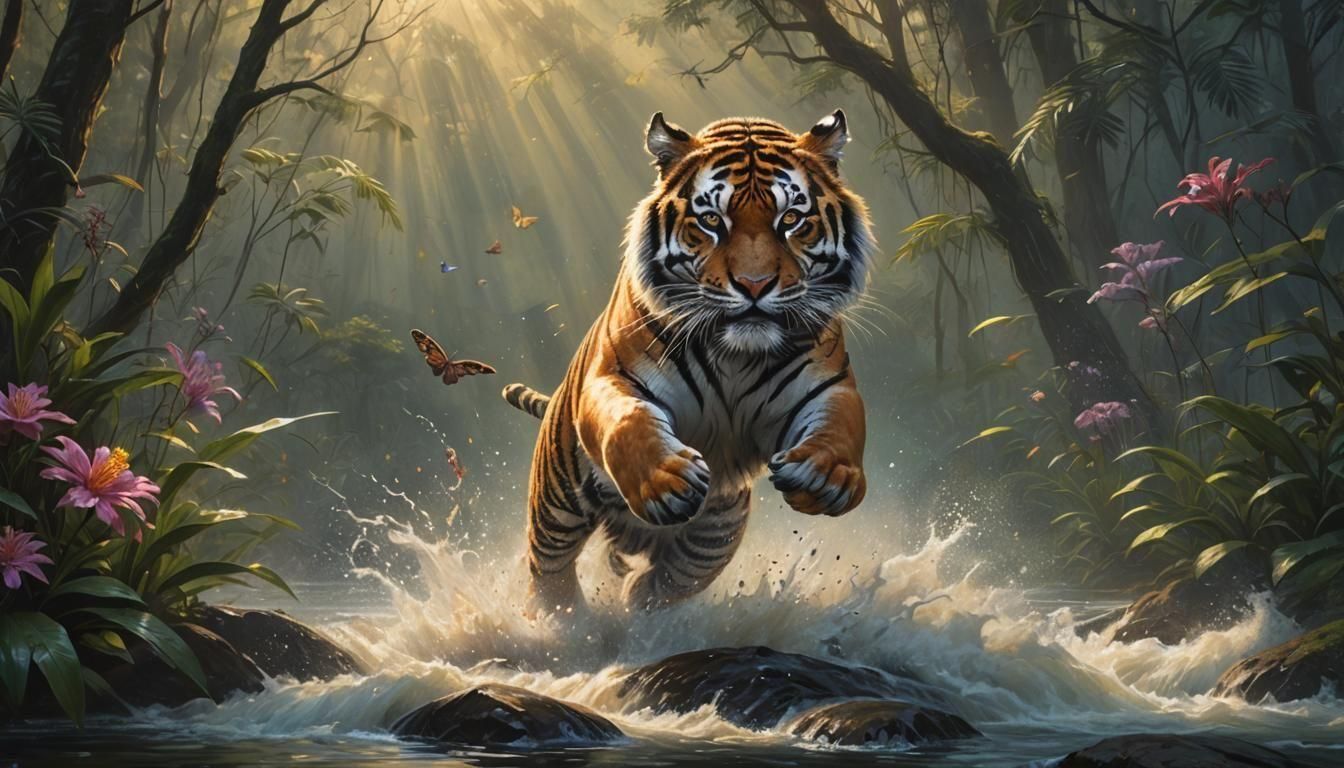 Tiger Leaps into Rainforest River: Oil Painting