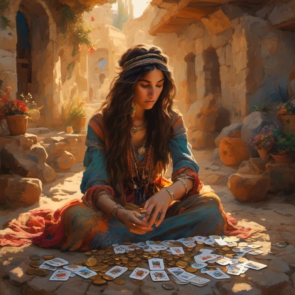 Gypsy Card Reader in Stone Circle at Sunset