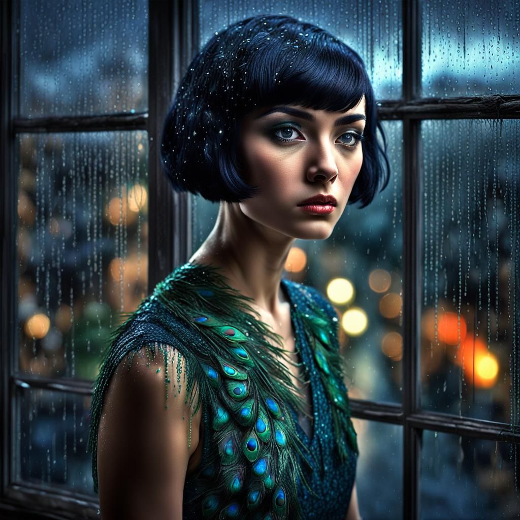 Woman in Peacock Dress Stares into Rainy Night