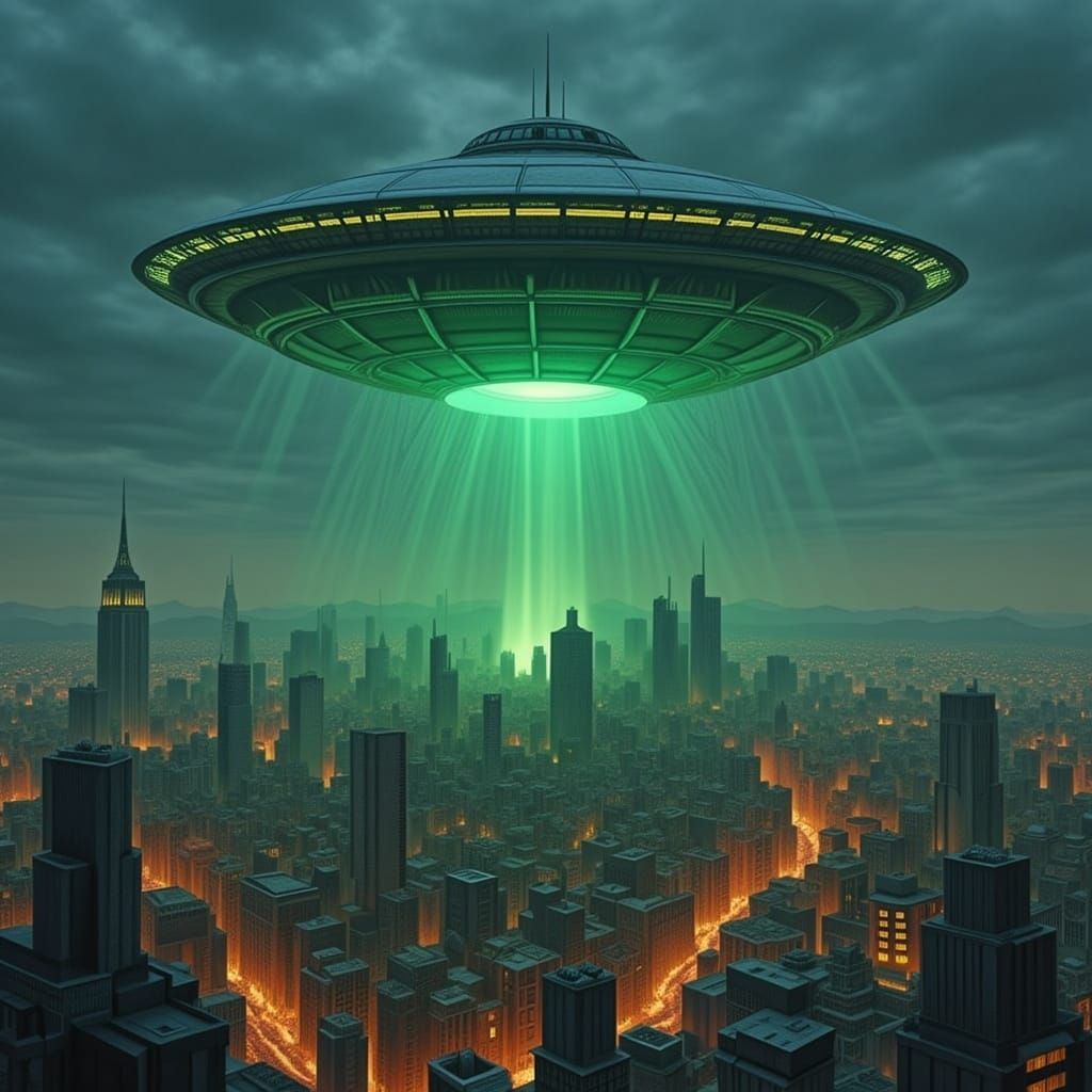 Colossal UFO Over Cityscape at Dusk