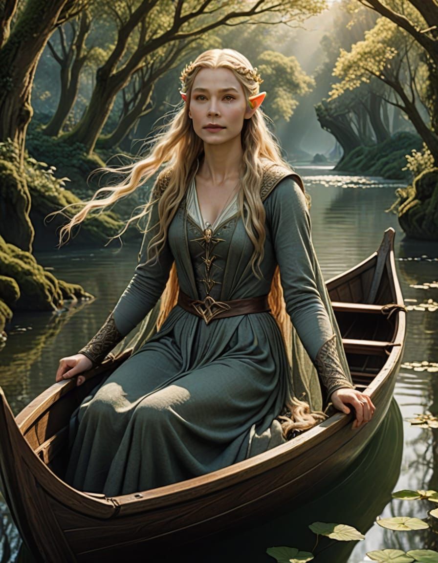 Ethereal Elven Goddess Rides Majestic Boat Across Moonlit Wa...