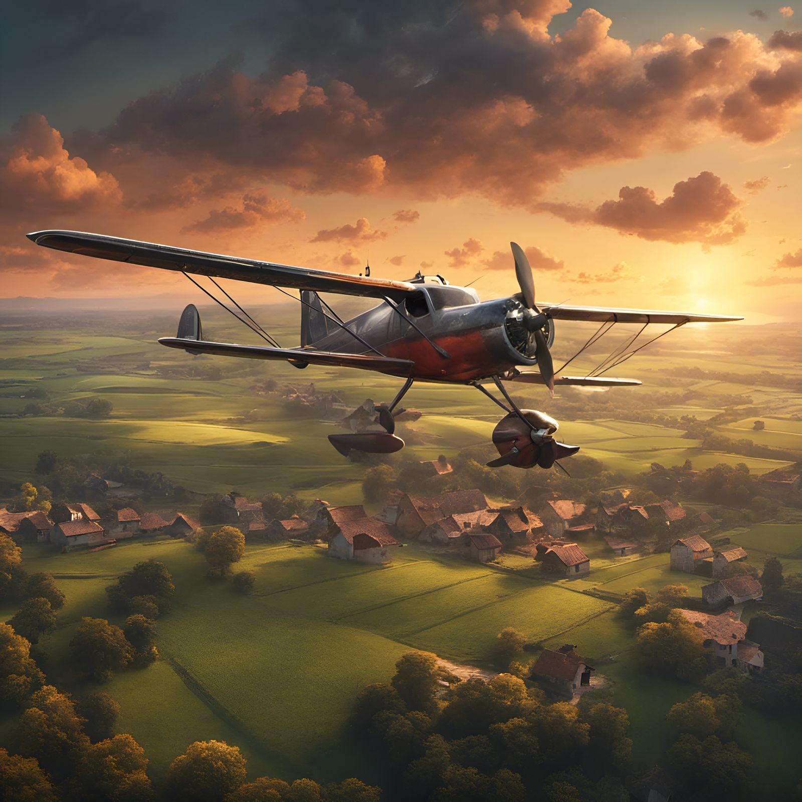 Propeller Plane Soaring Above Fields at Sunset