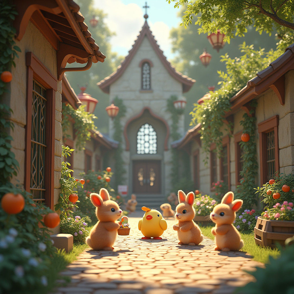 Whimsical Schoolyard with Rabbits, Puppies and Duck