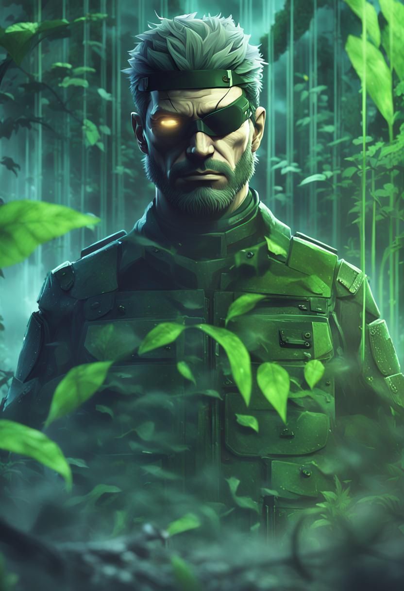 Solid Snake in Dark Jungle Base, Cyberpunk Stealth Pose