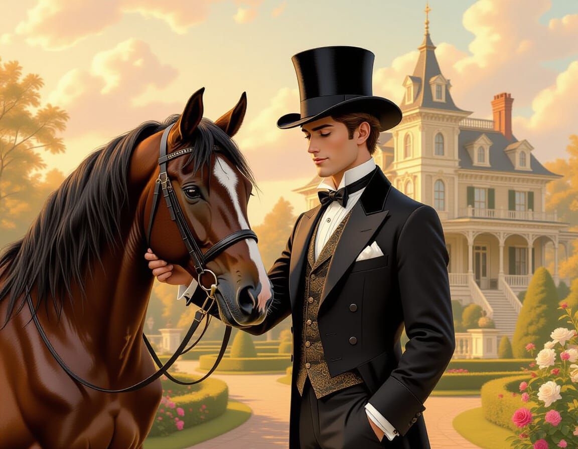 Victorian Man and Horse in Anime Style