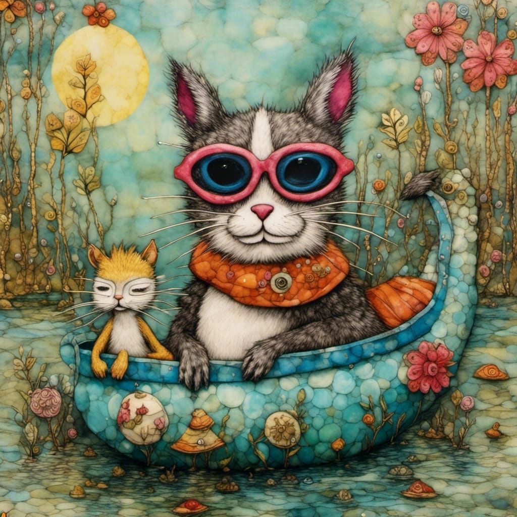 Whimsical Encaustic Collage: Cat and Squirrel