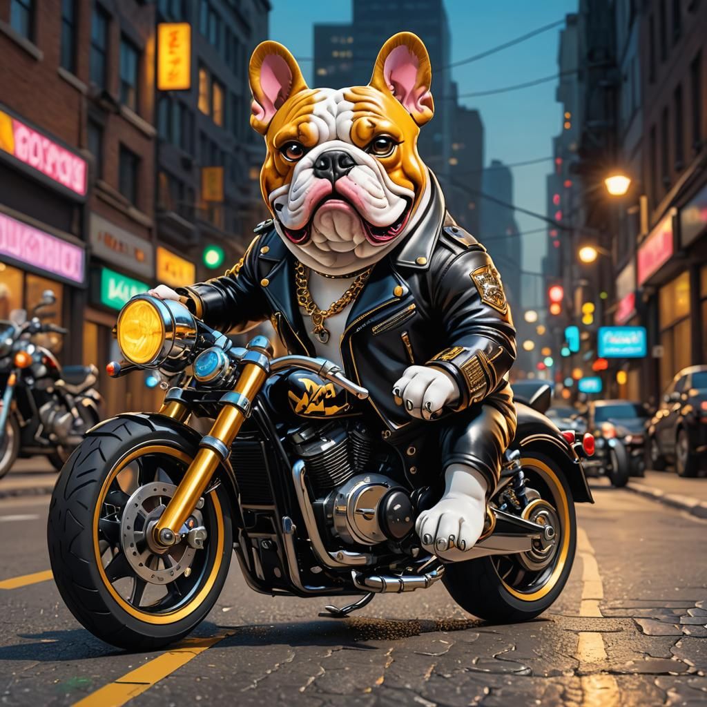 Vibrant Bulldog in Leather Jacket Stands Beside a Custom Pai...