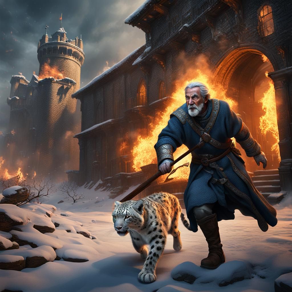 Snow Leopard Rescue From Burning Medieval Building