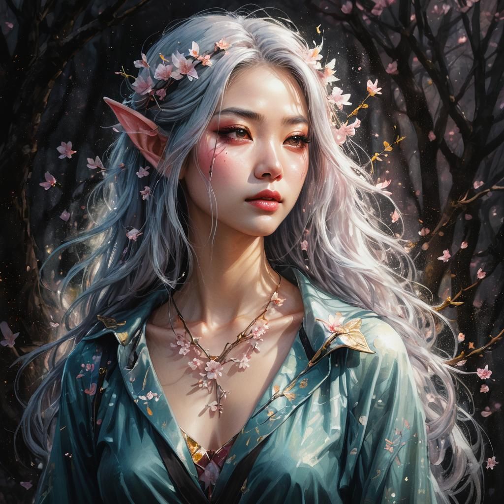 Japanese Elf Girl in Chalk Art Style