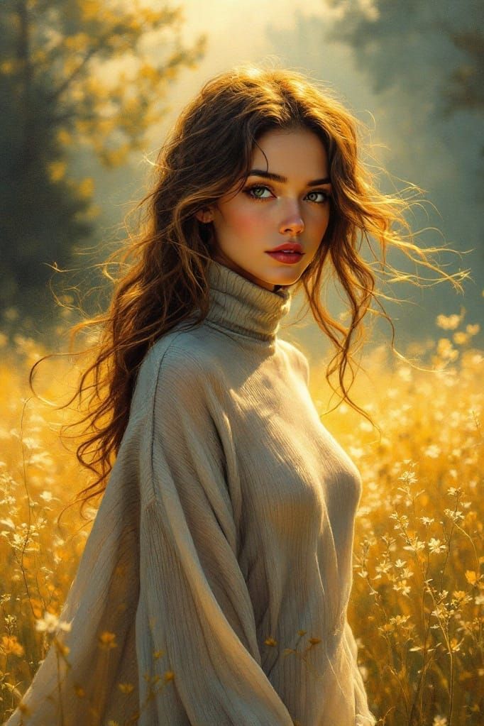 Golden Goddess in Serene Meadow