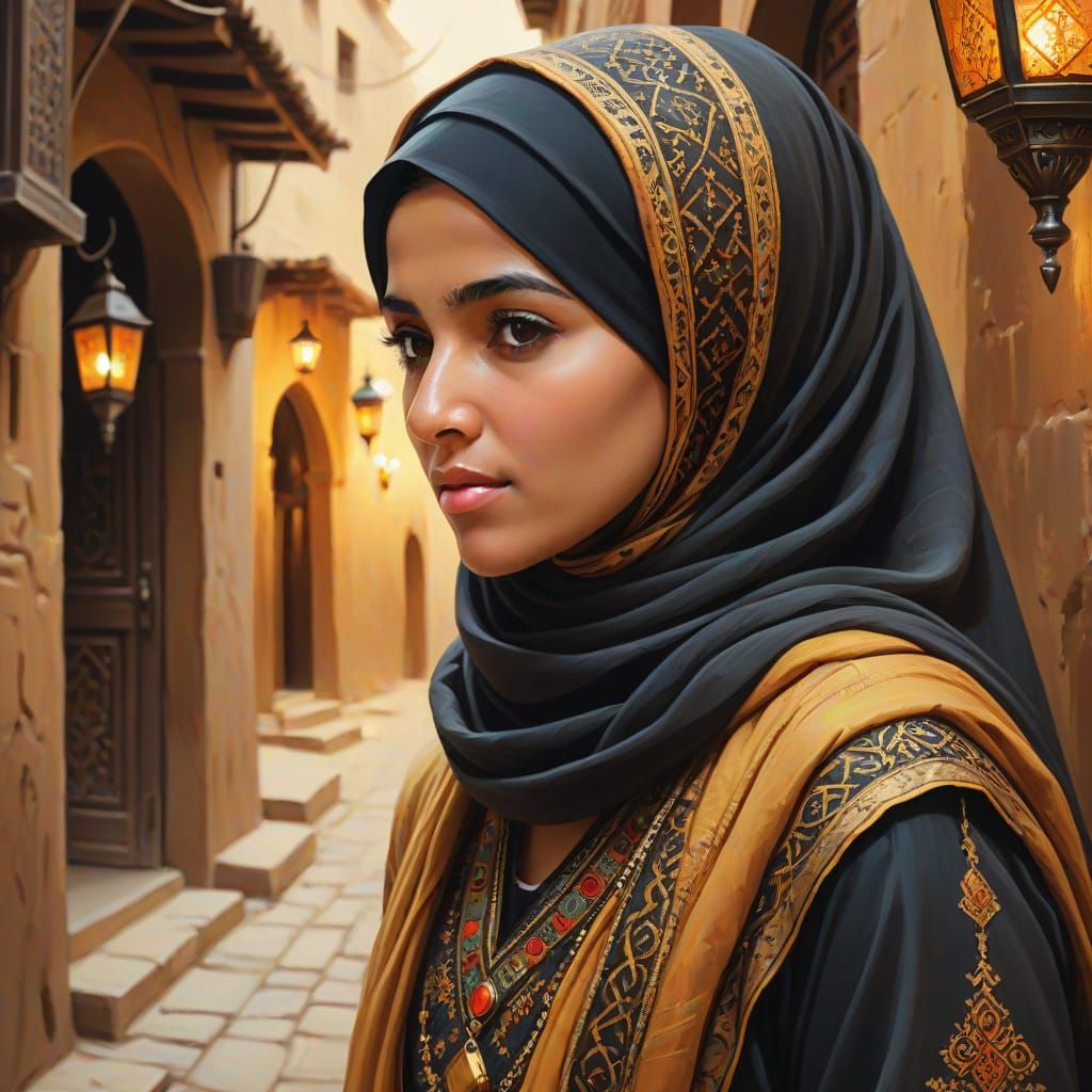 Arab Woman in Dimly Lit Alleyway, Impressionist Oil Painting
