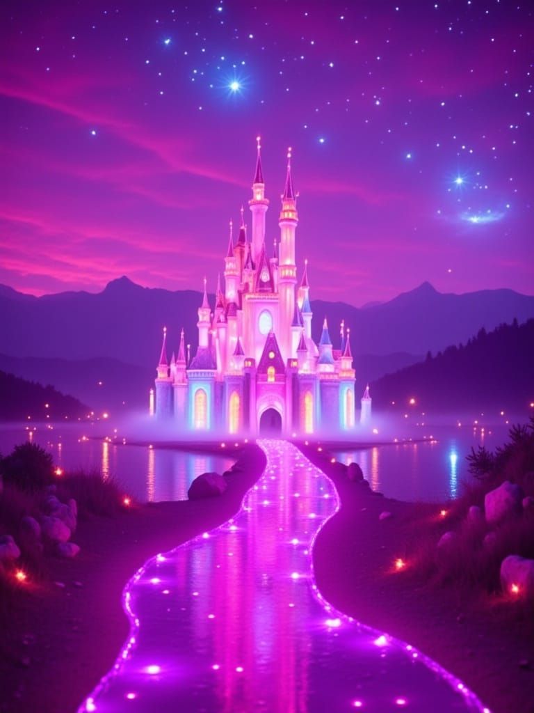 Fantasy castle in a dreamland of candy colors glow