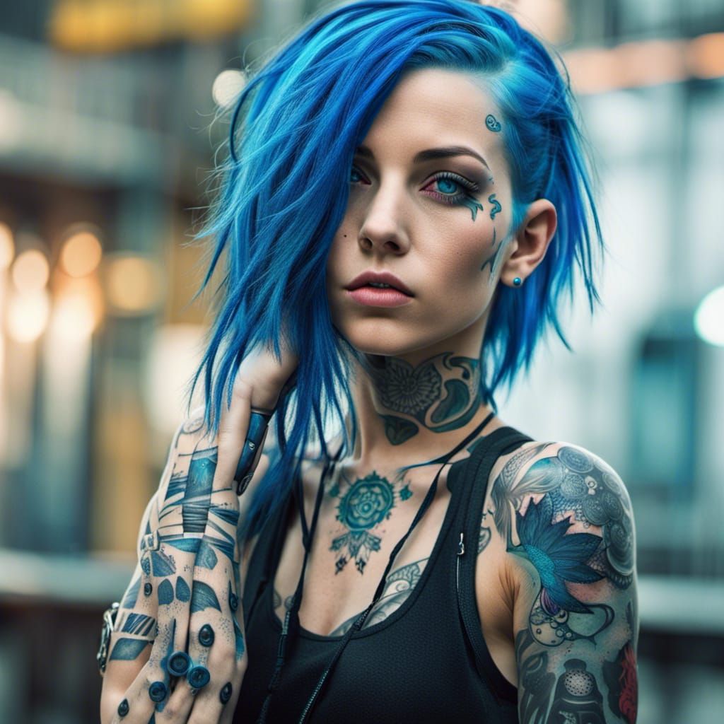 "Amazing blue hair girl cyberpunk with tattoo"