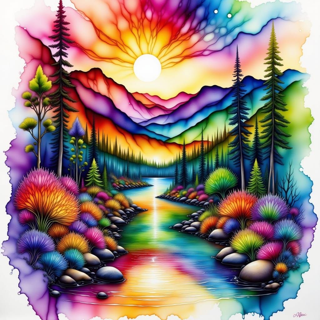 Luminous Alcohol Ink and Watercolor Landscape