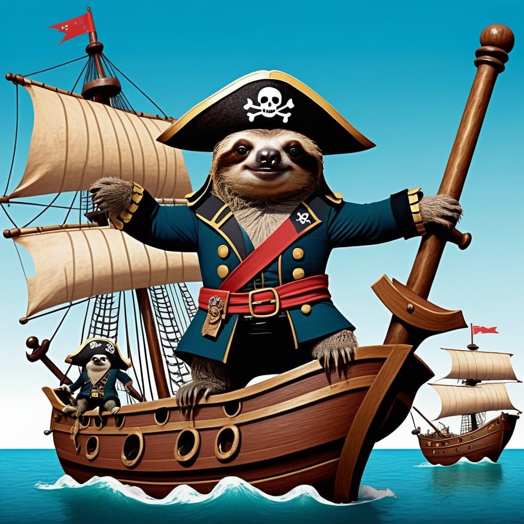 Sloth Pirate Captain Cartoon Leading His Crew