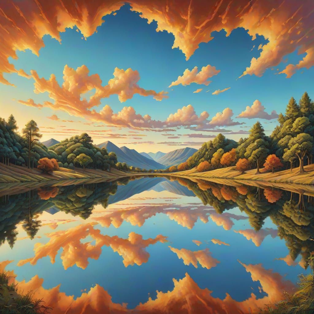 Surreal Mirrored Landscape in Oil Painting Style
