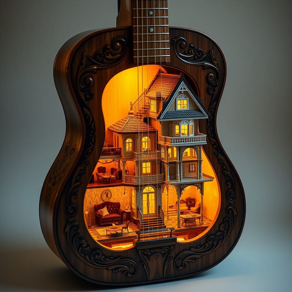 Guitar with Dollhouse Interior in Escher Style