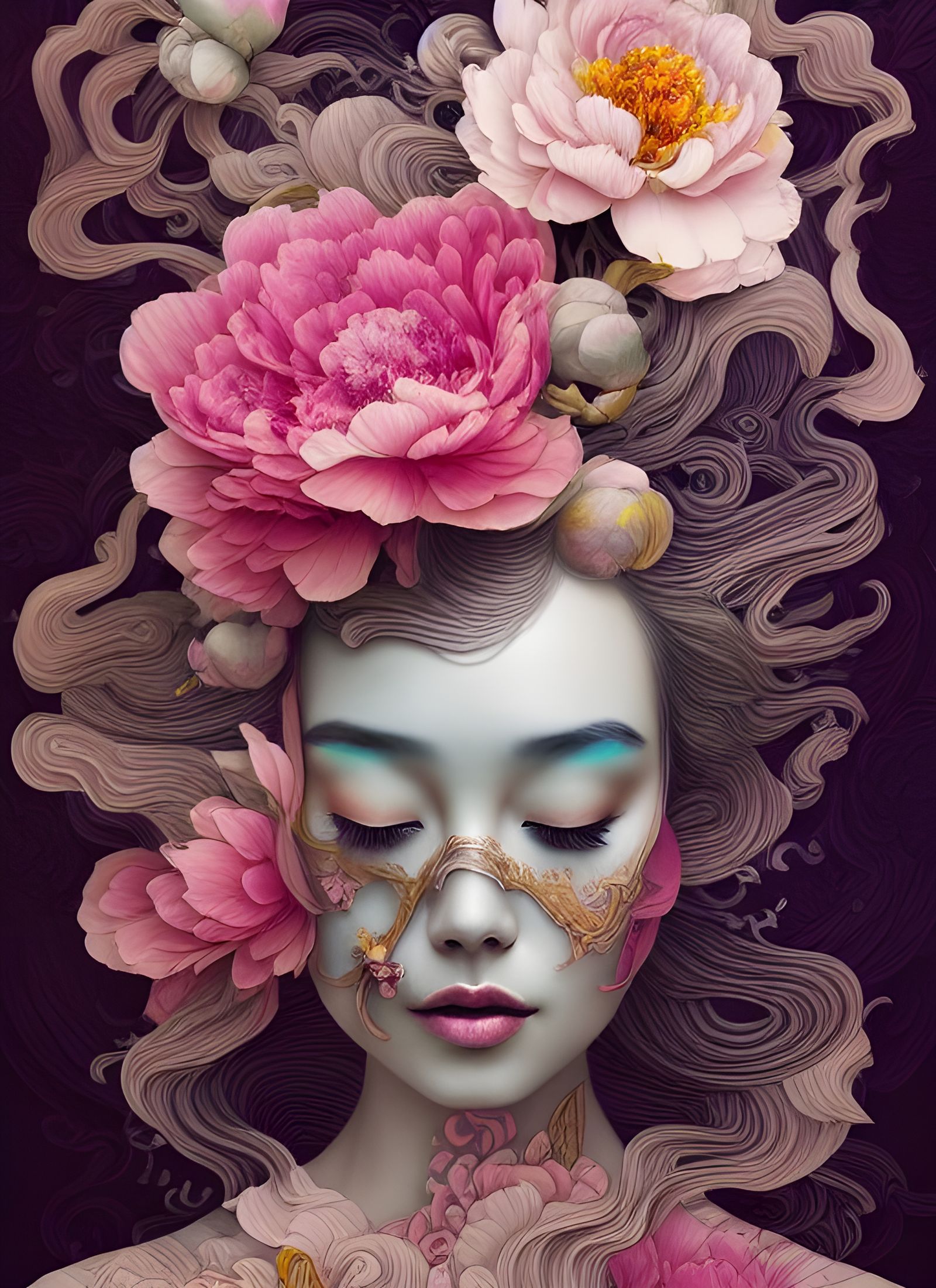 Peony Queen's Dream: Elaborate Ink Illustration