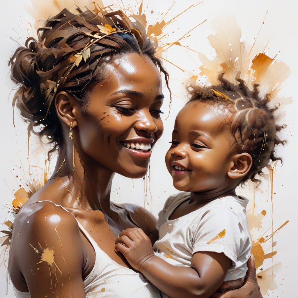 African Mother and Child in Watercolor Style